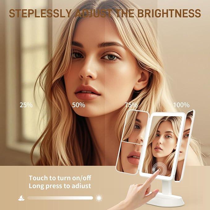 FRANO Vanity Mirror with Lights - Rechargeable Lighted Makeup Mirror | 1X/3X/5X Magnification, Smart Touch, 3 Colors Dimmable | Portable Trifold Mirror for Travel for Women and Girls - ModernBath