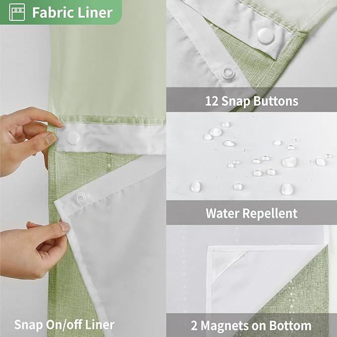 eachope No Hook Long Shower Curtain Set with Snap-in Fabric Liner,Linen Ultra Thick Fabric with Tassels,Boho Chic Modern Farmhouse Country Neutral Cloth Shower Curtains for Bathroom,Sage Green,71x80 - ModernBath