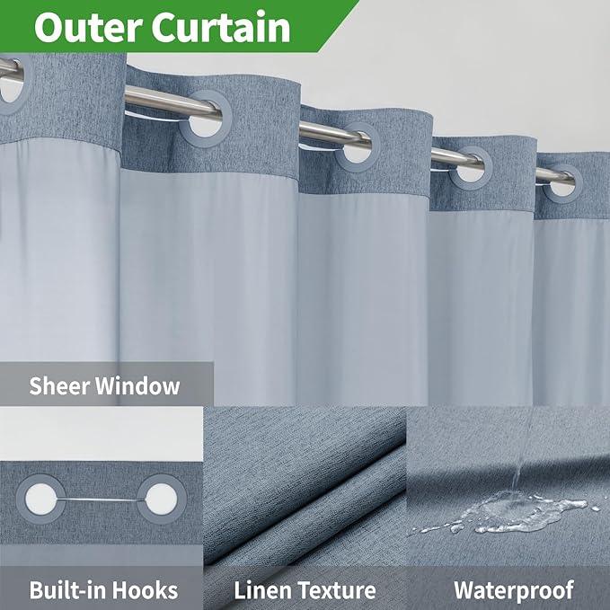 eachope No Hooks Needed Linen Textured Shower Curtain with Snap-in Fabric Liner Set,Blue Grey Hotel Luxury Decor Shower Curtains for Bathroom with Mesh Top Window,Waterproof & Washable,71Wx74H - ModernBath