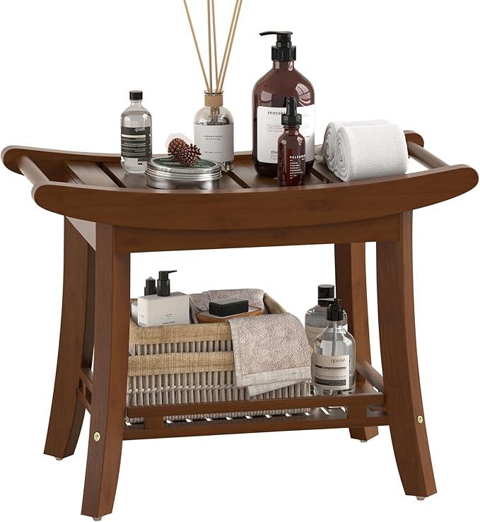 Eastglory Bamboo Shower Bench Chair Bathroom Shower Stool Seat for Inside Shower Bathtub with Storage Shelf Shower Foot Rest for Shaving Legs 25.2 x 13 x 19.2 Inches Chestnut Brown - ModernBath