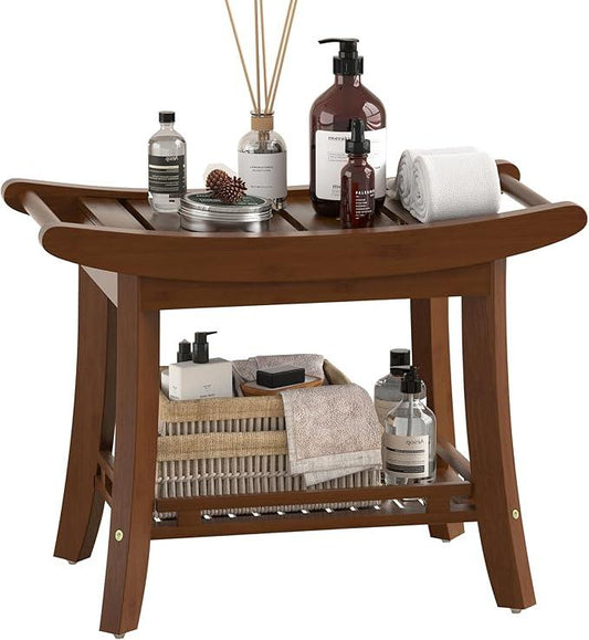 Eastglory Bamboo Shower Bench Chair Bathroom Shower Stool Seat for Inside Shower Bathtub with Storage Shelf Shower Foot Rest for Shaving Legs 25.2 x 13 x 19.2 Inches Chestnut Brown - ModernBath