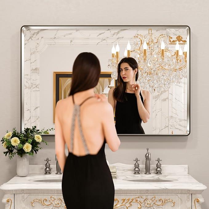LOAAO 55X36 Inch Brushed Nickel Bathroom Mirror, Rounded Rectangle Silver Metal Frame Mirror, Brushed Nickel, Anti-Rust, Shatter Proof, Hangs Horizontally or Vertically - ModernBath