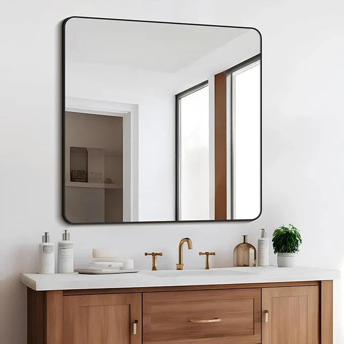 CIVENO Bathroom Mirror, 36"x36" Black Square Wall Mirror, Metal Frame Rounded Corner Vanity Mirror, Large Wall Mounted Mirror for Modern Bedroom Living Room Horizontal Or Vertical Mounting - ModernBath
