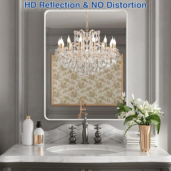 WEER White Bathroom Mirror 24X32 Inch, Rounded Rectangle White Metal Frame Mirror, Matte White Bathroom Vanity Mirror with Tempered Glass, Anti-Rust, Hangs Horizontally or Vertically - ModernBath