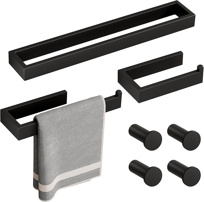 SAYAYO 7-Piece Bathroom Hardware Set Black, Includes 16 Inch Towel Bar, Towel Ring, Toilet Paper Holder & 4Pcs Coat Hooks Wall Mount, Towel Racks for Bathroom Accessories Set SUS304 Stainless Steel - ModernBath