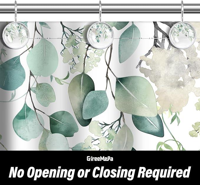 12 Pcs Sage Green Eucalyptus Shower Curtain Hooks – Rustproof Stainless Steel Rings with Decorative Glass Surface – Modern Bathroom Curtain Accessories - ModernBath
