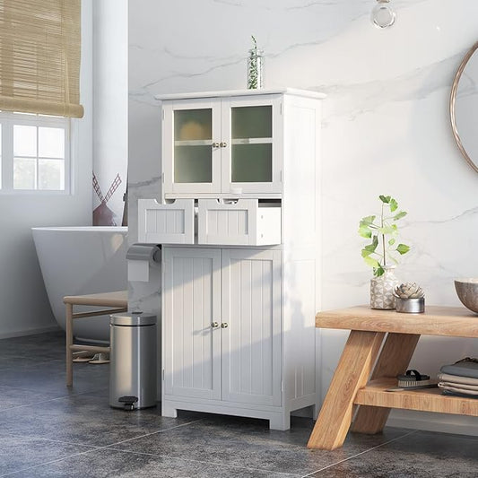 Tangkula Tall Bathroom Storage Cabinet, Freestanding Floor Cabinet w/2 Double Door & 2 Drawers, 3-Position Adjustable Shelves, Storage Organizer for Bathroom Living Room Kitchen