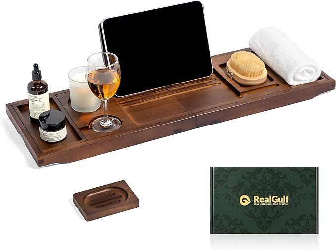 Realgulf Teak Bathtub Tray, Bath Caddy with Wine Glass Holder, Phone Dock & Book Stand | Hands-Free Reading & Ultimate Spa Relaxation Experience-Brown - ModernBath