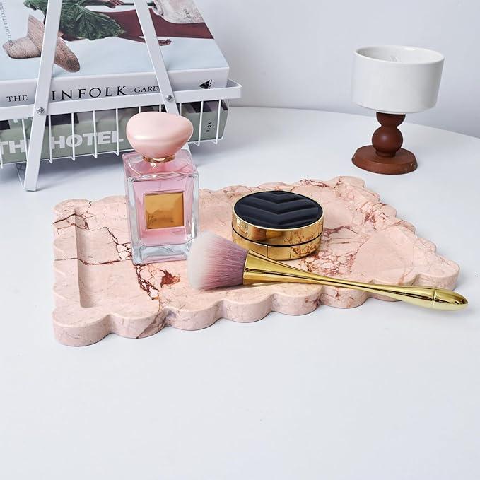 Yew & Tulip Natural Marble Vanity Tray with Scalloped Rim, Nature Rose Pink Luxury Stone Serving Tray for Bathroom, Kitchen, Vanity, Home Decor, Wedding etc. (12"x 8" x 0.6") - ModernBath