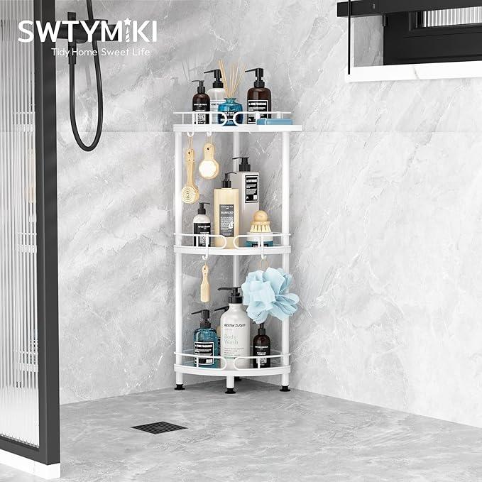 SWTYMIKI Corner Shower Caddy Standing - 3 Tier Stainless Steel Shower Organizer Stand with 4 Hooks & Soap Holder, Rustproof Metal Standing Tall Floor Shower Shelf and Bathroom Organizer, White - ModernBath