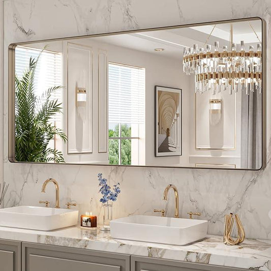 LOAAO 72”X32” Bronze Bathroom Mirrors for Vanity, Rounded Rectangle Brushed Bronze Metal Frame Mirror, Anti-Rust, Tempered Glass, Hangs Horizontally or Vertically - ModernBath