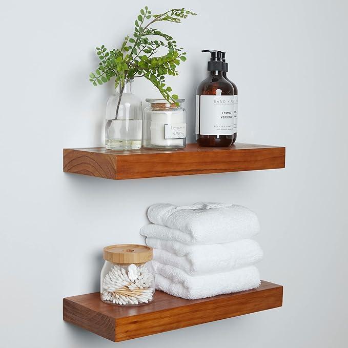 Homeforia 16 inch Oak Floating Shelf, High End Solid Real Wood 16inch Small Floating Shelves for Wall Mounted, Honey Oak Wooden 16in Floating Shelves, Heavy Duty Bracket, 16 X 6.5 X 1.75 in, Set of 4 - ModernBath