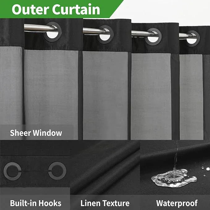 eachope Long No Hooks Needed Linen Textured Shower Curtain with Snap-in Fabric Liner Set,Black Hotel Luxury Decor Shower Curtains for Bathroom,Waterproof & Washable,71Wx80H - ModernBath