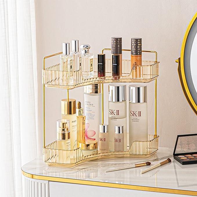 shuang qing 2-Tier Corner Bathroom Counter Organizer – Classic Storage Shelf for Makeup, Perfume & Toiletries, Space-Saving Countertop Tray Fits Bathroom, Dresser, Kitchen (Vintage Gold) - ModernBath