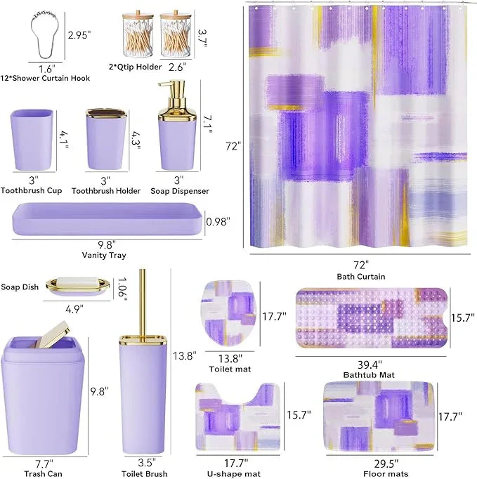 XLHOMO Bathroom Accessories Set - 26PCS Purple Bathroom Set, Bathroom Accessory Set with Shower Curtain and Rugs and Bathtub Mats for Home - ModernBath