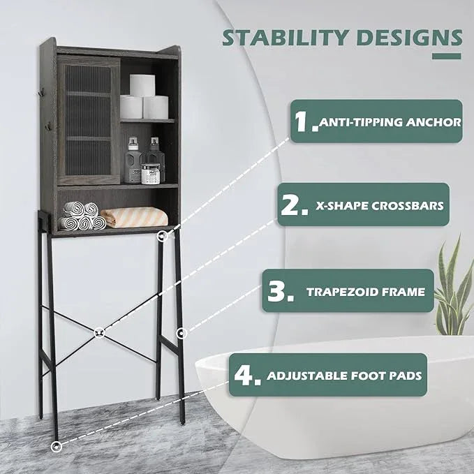 Over Toilet Storage Cabinet for Bathroom, Over Toilet Shelf Organizer, Freestanding Space Saver with Adjustable Shelves, Wide Open Shelf, Acrylic Sliding Door, Metal Frame, Vintage Grey - ModernBath