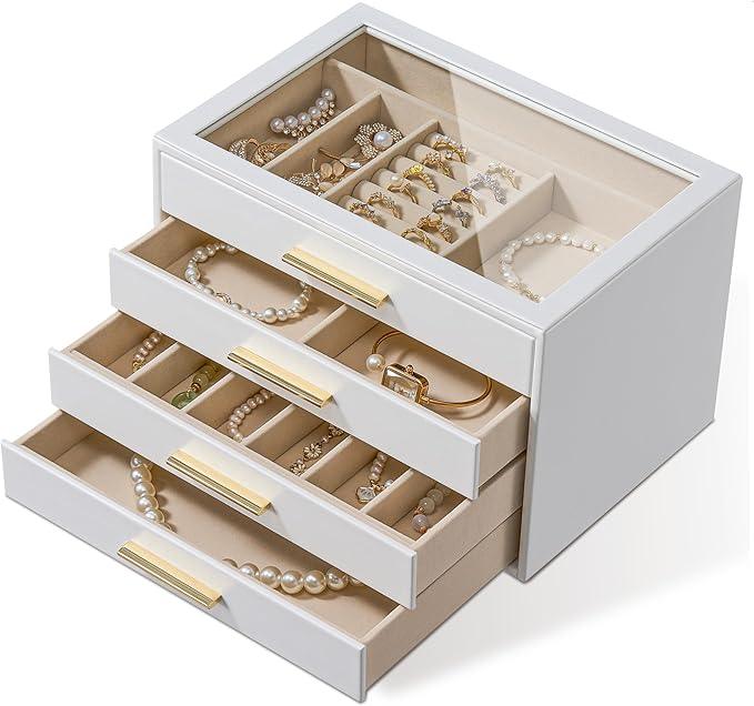 pickpiff Jewelry Box Organizer Case for Women: 4-Layer Jewelry Storage Case with Glass Window, Pure White Leather with Velvet Holder for Ring Necklace Bracelet Brooch Watch, Great Gift for Her - ModernBath