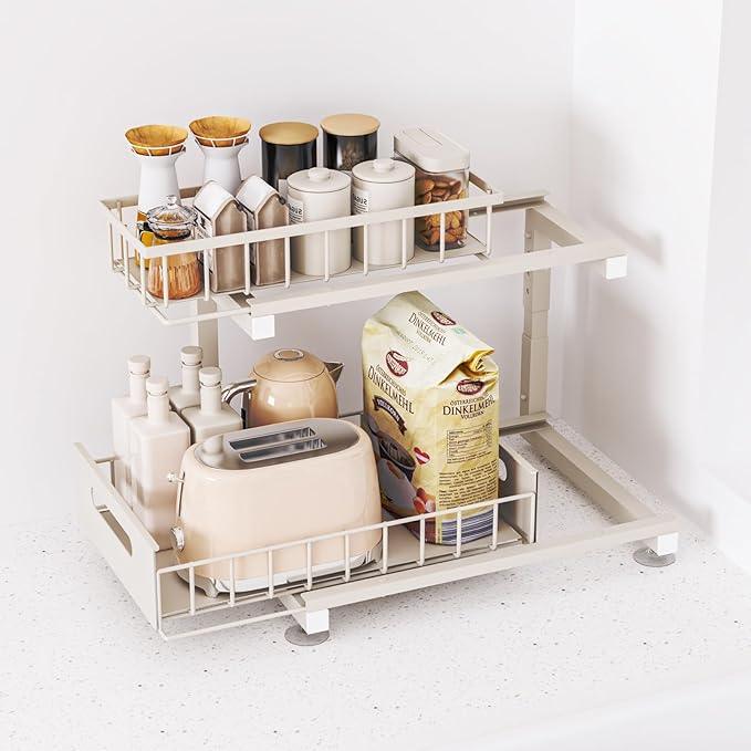 Under Sink Organizer, Heavy Duty Metal Slide Out Sink Shelf Organizer Height Adjustable, Multi-Purpose Storage Shelf for Kitchen Bathroom (Sand,1Pack) - ModernBath