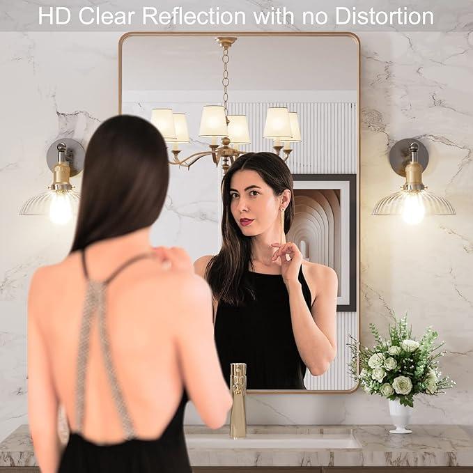 LOAAO 24”X36” Gold Bathroom Mirror, Rounded Rectangle Gold Frame Mirror, Brushed Gold Bathroom Vanity Mirror Wall-Mounted, Anti-Rust, Hangs Horizontally or Vertically - ModernBath