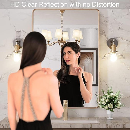 LOAAO 24”X36” Gold Bathroom Mirror, Rounded Rectangle Gold Frame Mirror, Brushed Gold Bathroom Vanity Mirror Wall-Mounted, Anti-Rust, Hangs Horizontally or Vertically - ModernBath