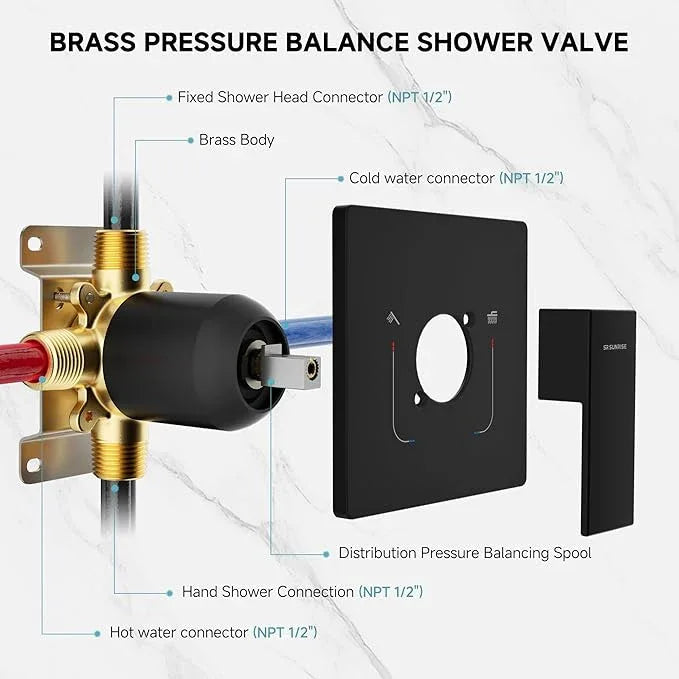 SR SUN RISE Shower Faucet Set & System - 12 Inch Rainfall Shower Head & Handle Set Wall Mounted Matte Black Solid Brass Valve Trim Kit Included - ModernBath