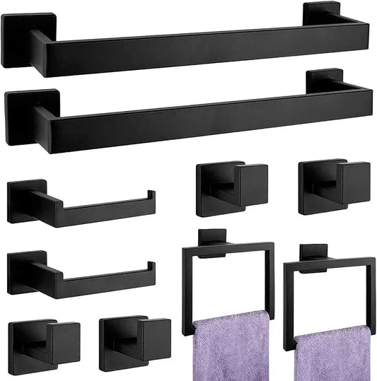 Bathroom Accessories Towel Bar Set: 10 Pieces Matte Black Bathroom Hardware Square SUS304 Stainless Steel - Wall Mounted Towel Rack&Toilet Paper Holder&Towel Ring and Towel Hook - ModernBath
