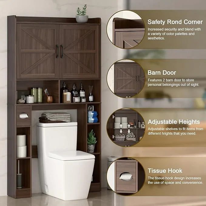 Over The Toilet Storage Cabinet, Farmhouse Toilet Cabinet Rack with Barn Doors, Space Saving Bathroom Organizer with Shelves, Toilet Paper Holder and Towel Rack for Bathroom,Restroom,Laundry,Espresso - ModernBath