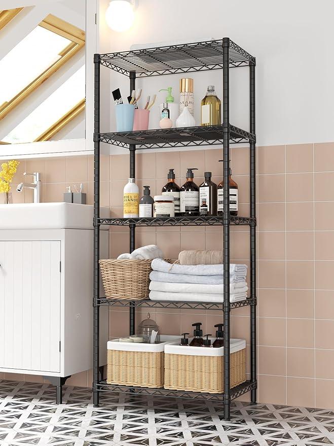 SINGAYE 5 Tier Storage Shelves Wire Shelving Unit Shelve Metal Kitchen Laundry Room Organization Home Pantry Closet Bathroom Organizers Garage Rack Estantes para Cocina 14" D x 24" W x 59.5" H Black - ModernBath