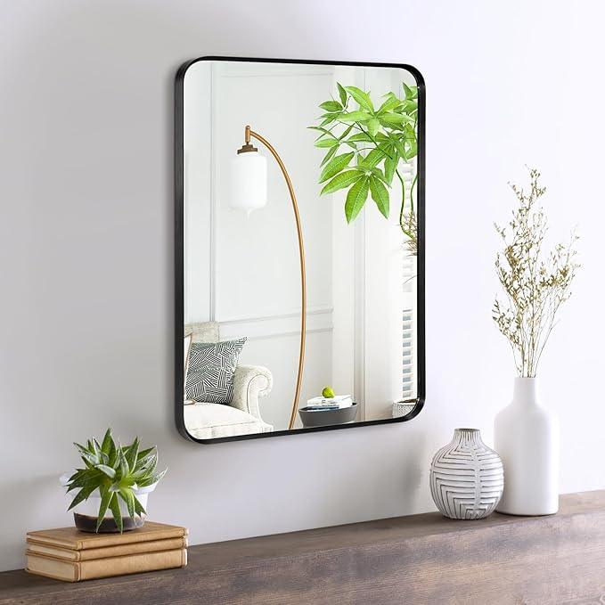 Minuover Wall Mount Mirror for Bathroom, Brushed Black Metal Framed Rounded Corner Rectangular Vanity Mirror (18" x 24", Black) - ModernBath