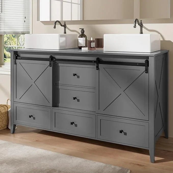 VNN Bathroom Vanity with Sink - 60 Inch Bathroom Vanity Double Sink Ceramic, Freestanding Cabinet with 2 Farmhouse Sliding Barn Doors and 5 Drawers, Space-Saving Storage Cabinet, Grey - ModernBath