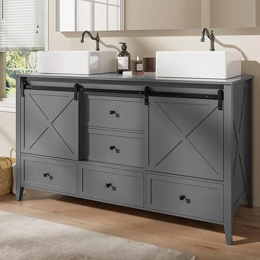 VNN Bathroom Vanity with Sink - 60 Inch Bathroom Vanity Double Sink Ceramic, Freestanding Cabinet with 2 Farmhouse Sliding Barn Doors and 5 Drawers, Space-Saving Storage Cabinet, Grey - ModernBath