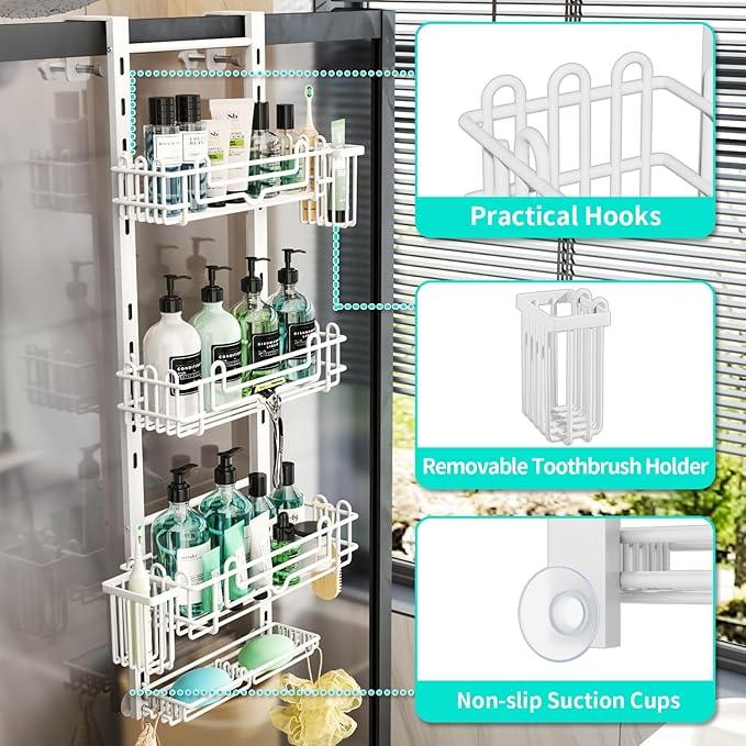 HapiRm 4 Tier Over the Door Shower Caddy, Hanging Shower Caddy with 22 Hooks and 2 Toothbrush Holders, No Drilling Adjustable Hanging Bathroom Organizer - White - ModernBath