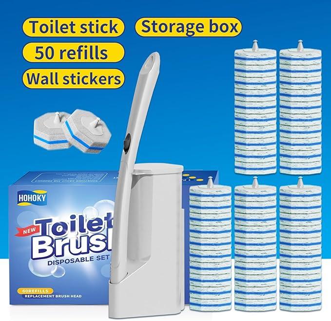 Disposable Toilet Brush Cleaning System with 50pcs Refills Pads Replacement Heads, Toilet Cleaning Stick, Wall Mounted Toliet Wand Kit Bathroom Maintenance, Toilet Bowl Cleaner Wands Holder and Set - ModernBath