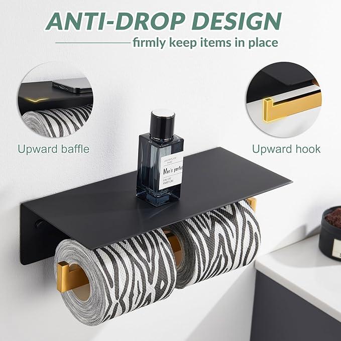 APLusee Double Toilet Paper Holder with Phone Shelf, 304 Stainless Steel Bathroom Tissue Hanger, Wall Mounted Dual Roll Paper Dispenser, Black & Gold - ModernBath