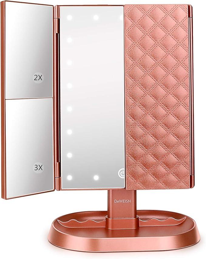 deweisn Trifold Lighted Vanity Makeup Mirror with 21 LEDs Lights,1x/2x/3x Magnification and Touch Screen Dimming,Two Power Supplies Makeup Mirror, Gift for Women - ModernBath