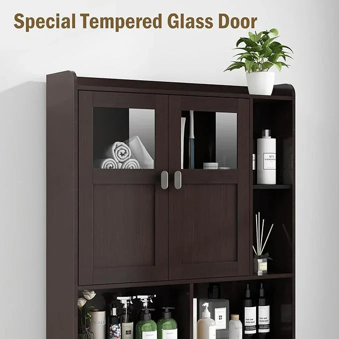 Vabches Over The Toilet Storage Cabinet, Bathroom Shelf Over Toilet with Glass Doors and Adjustable Shelves, Espresso Freestanding Home Space Save Toilet Rack for Restroom, Bathroom, Laundry - ModernBath
