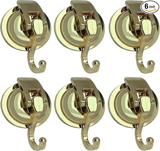 Heavy Duty Vacuum Suction Shower Hooks Glass Suction Cup Bathroom Robe Hooks, Reusable, No Hole Punched, for Garland Decoration (Gold, 6 Pack) - ModernBath