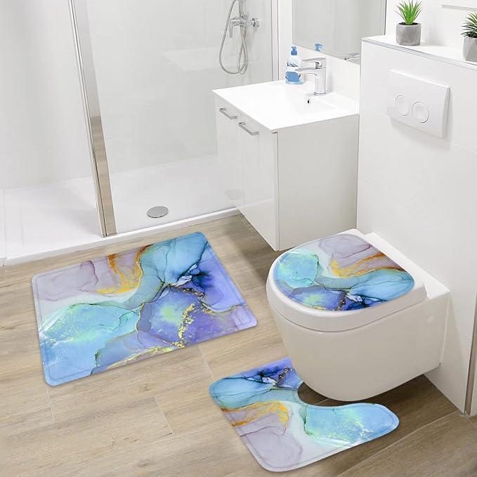 Gibelle 4 Pcs Bathroom Shower Curtain Set with Non-Slip Rugs, Toilet Lid Cover and Bath Mat, Blue Purple Marble Bathroom Decor Set with Shower Curtain and Rugs and Accessories - ModernBath