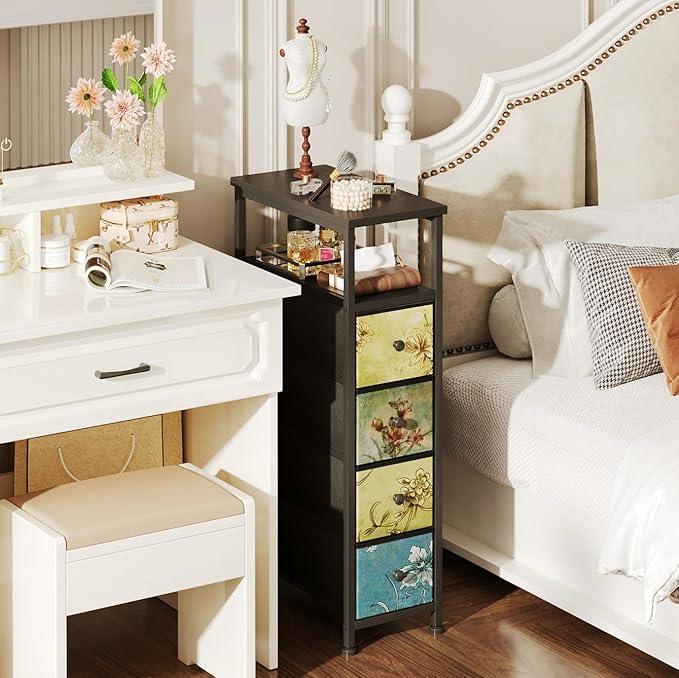 Narrow Dresser, Narrow Nightstand Dresser Storage Tower with 4 Drawers, Slim Fabric Dressers Chest of Drawers for Small Spaces, Retro Flower Dressers, for Bedroom Bathroom Laundry Closet (Black) - ModernBath