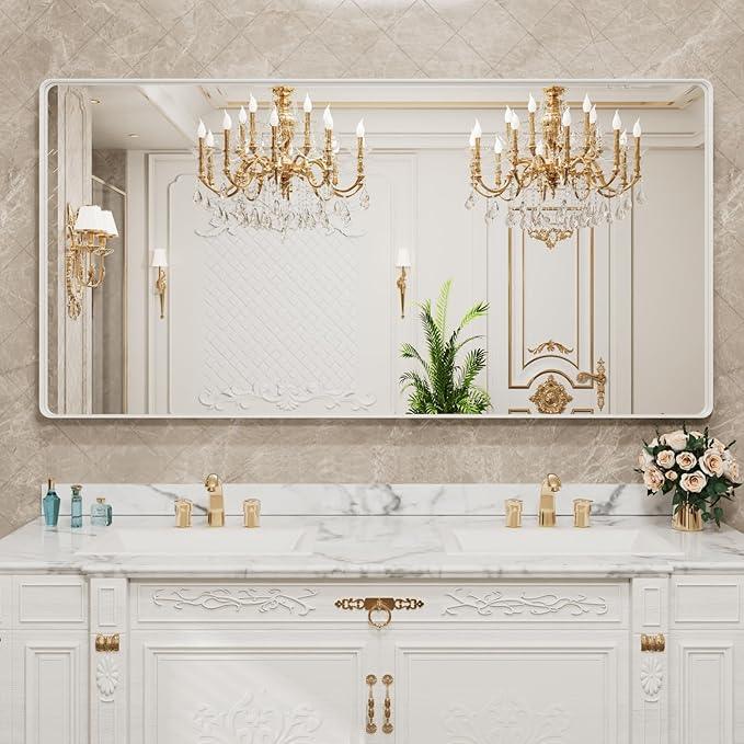 LOAAO 72x40 Inch White Metal Framed Bathroom Mirror for Wall, White Bathroom Vanity Mirror Farmhouse, Large Rounded Rectangle Mirror, Anti-Rust, Tempered Glass, Hangs Horizontally or Vertically - ModernBath