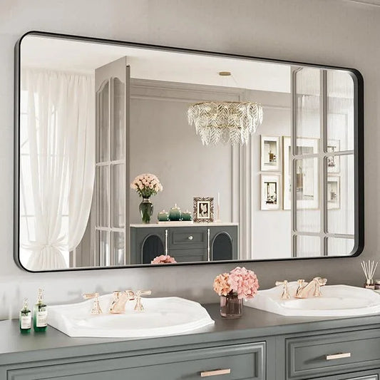 LOAAO Black Metal Framed Bathroom Mirror for Wall, Large 55X30 Inch Rounded Rectangle Mirror, Matte Black Bathroom Vanity Mirror Farmhouse, Anti-Rust, Tempered Glass, Hangs Horizontally or Vertically - ModernBath