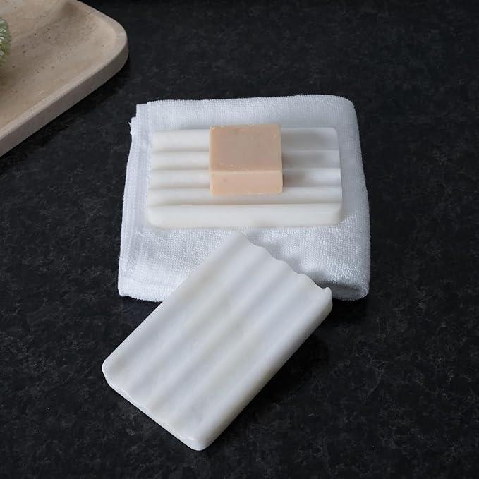 2PCS Koville African Natural Marble Soap Dish for Shower, Stone Soap Tray for Bathroom, Bar Soap Holder for Sink, Stripe Grooves Saver Keep Bars Dry Easy Clean (Namib Bianco) - ModernBath