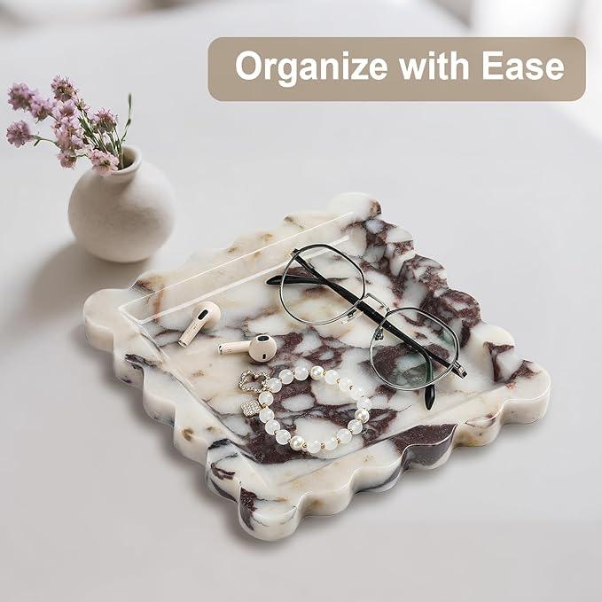 Natural Marble Vanity Tray - Moujings Genuine Marble Perfume Tray for Bathroom Decor, Stone Bathroom Vanity Organizer Tray for Kitchen Counter, Candles, Jewelry, Coffee, Makeup, Key - ModernBath