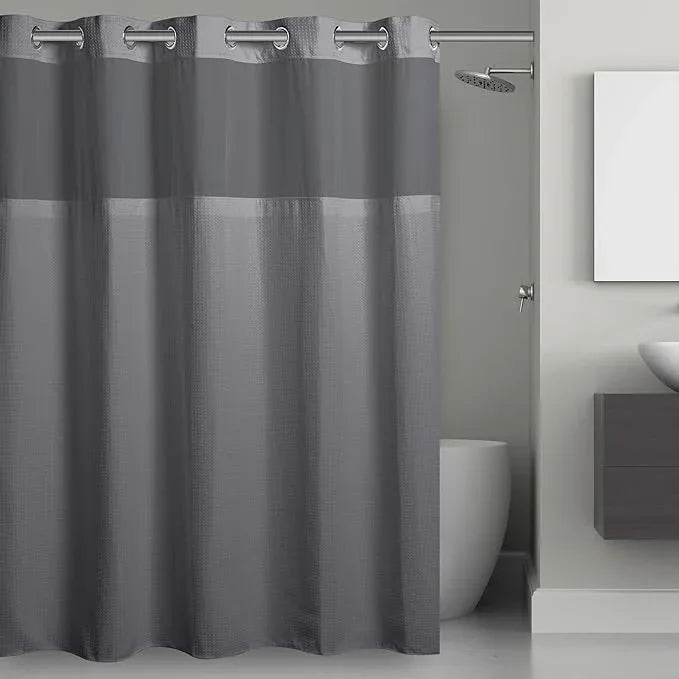 Hookless It’s A Snap! Waffle Shower Curtain, 3-in-1 Shower Curtain Includes Fabric Shower Curtain with Sheer Top Window, Flex-On Rings & Fabric Liner, 71” x 74”, Frost Grey - ModernBath