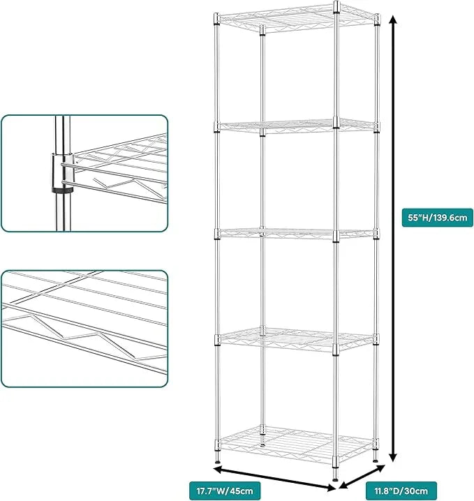 IZEUK 5 Tier Metal Wire Shelf Unit, Chrome Storage Rack Organizer for Kitchen, Bedroom, Living Room or Laundry Room, 17.7" W x 11.8" D x 55.0" H - ModernBath