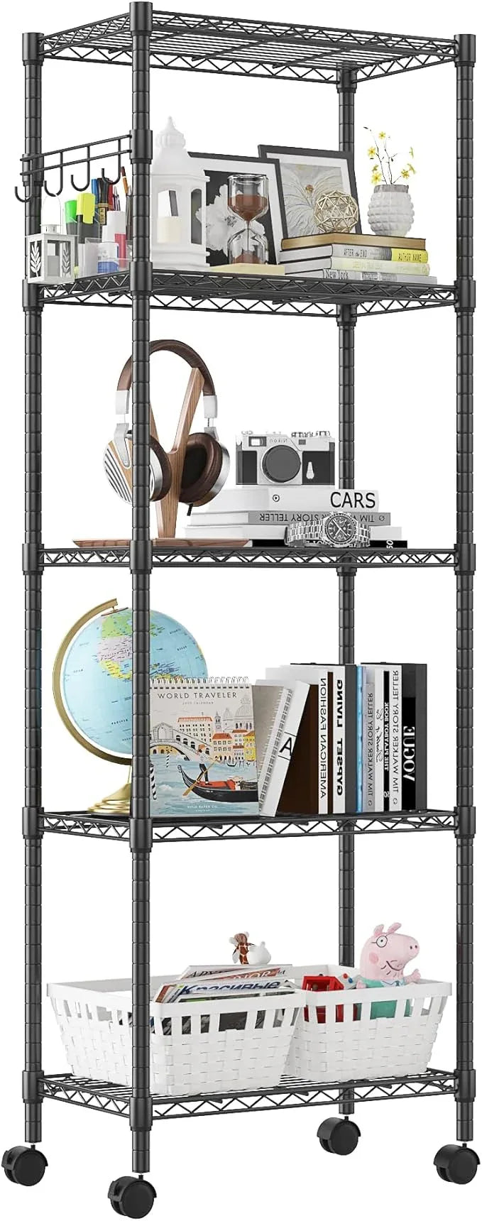Homdox 5 Tier Wire Shelving Unit on Wheels, Adjustable Storage Racks and Shelving, Heavy Duty Rolling Metal Shelves with Side Hooks for Laundry Bathroom Kitchen Garage Pantry Organization, Black - ModernBath