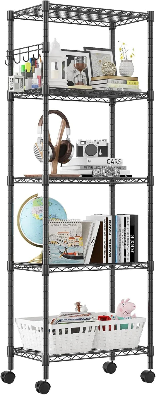 Homdox 5 Tier Wire Shelving Unit on Wheels, Adjustable Storage Racks and Shelving, Heavy Duty Rolling Metal Shelves with Side Hooks for Laundry Bathroom Kitchen Garage Pantry Organization, Black - ModernBath