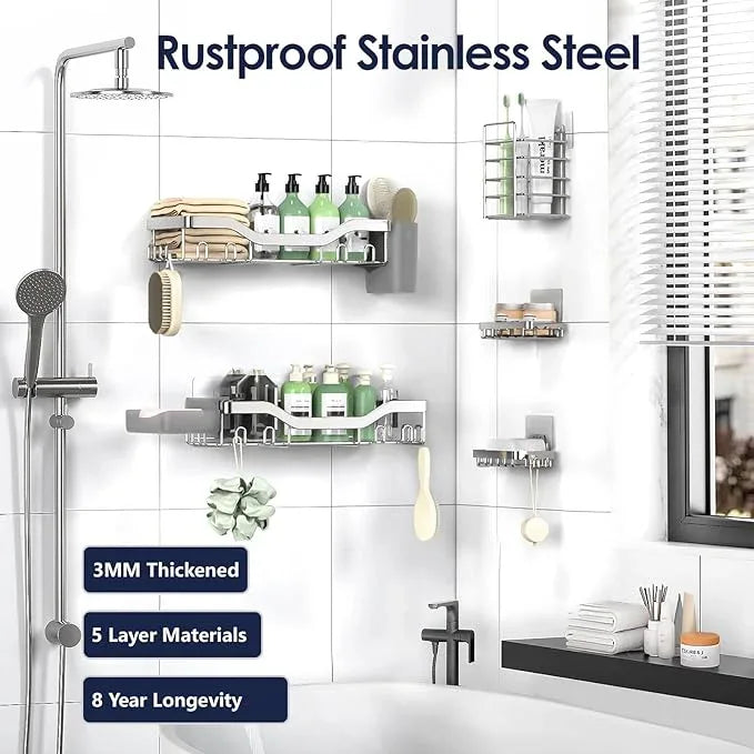 Shower Caddy Adhesive Shower Organizer 7-Pack, Rustproof Stainless Steel Bathroom Shelves, Large Capacity No-Drill Rack Storage Accessories with Soap Dish Toothbrush Holder Hooks (Silver) - ModernBath