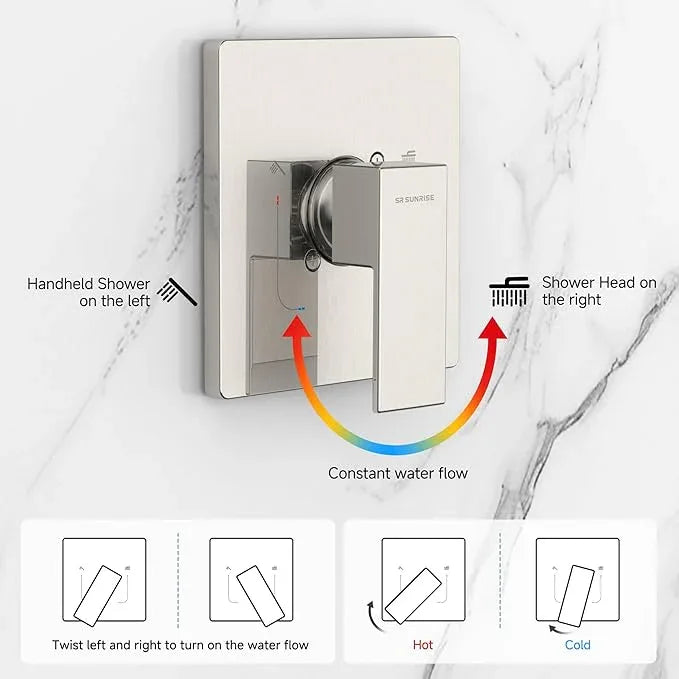 SR SUN RISE Shower Faucet Set & System - 10 Inch Rainfall Shower Head & Handle Set Wall Mounted Brushed Nickel Solid Brass Valve Trim Kit Included - ModernBath