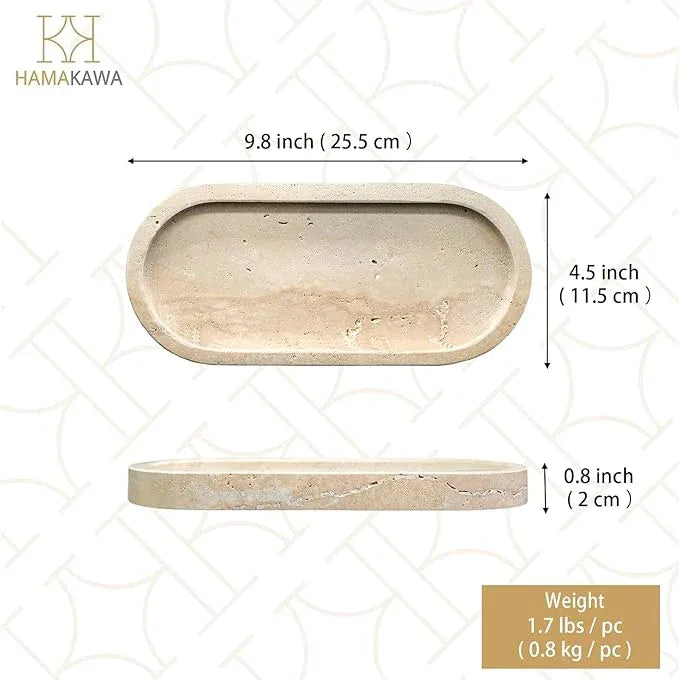 HAMAKAWA Bathroom Vanity Tray, Natural Marble Oval Sink Tray 10 inch, Beige Travertine Vanity Tray for Soap Dispenser Modern Countertop Organizer for Kitchen Countertops, Home Decor - ModernBath